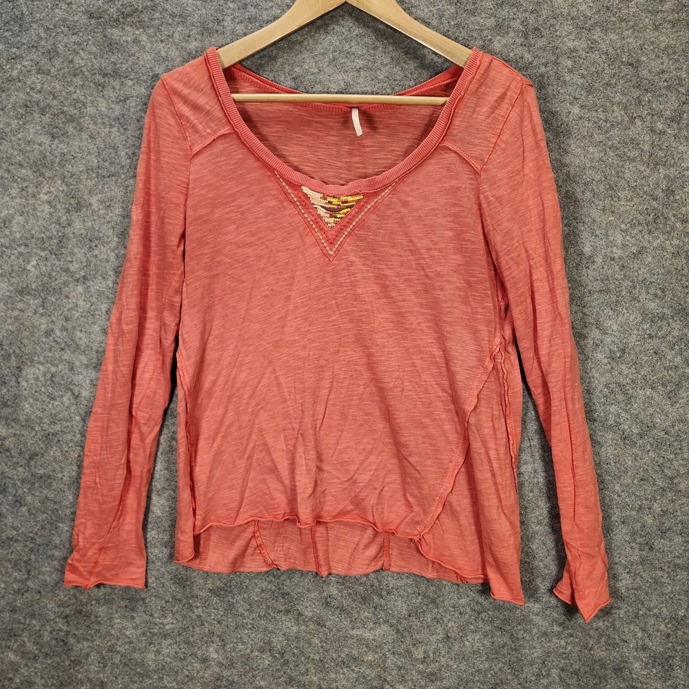 Free People Top Womens Small Orange Beaded Burnout Semi‎ Sheer Boho Boxy Shirt